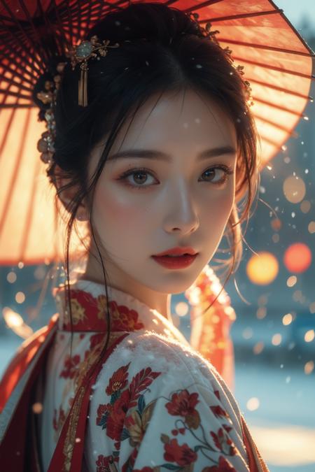 37484-4033206508-Warm Snow,1girl,solo,umbrella,oil-paper umbrella,blurry,looking at viewer,hair ornament,red lips,upper body,black hair,chinese c.png